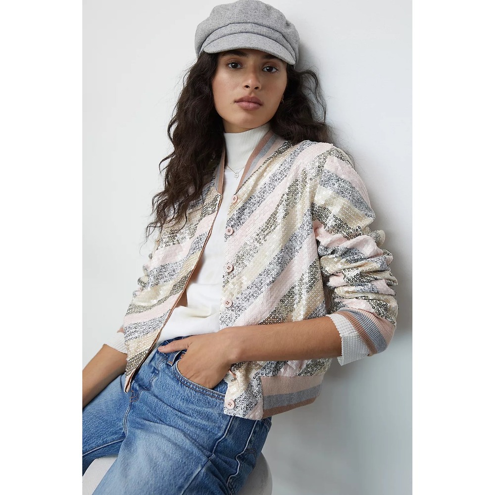 Bl-nk London Anthropologie Sadie Sequined Bomber Button Front Jacket Medium NEW!